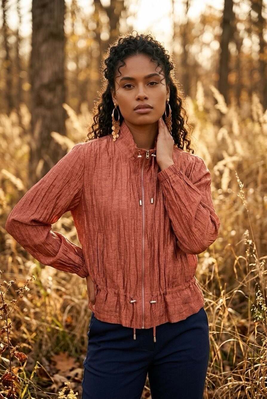 Ruby Rd. Rust Textured Linen Blend Zip-Up Jacket Size 16